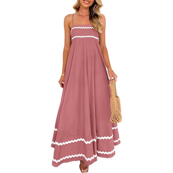 Dresses & Skirts - Women's Dark Pink Casual Sleeveless Spaghetti Strap Ruffle Beach Maxi Dress
